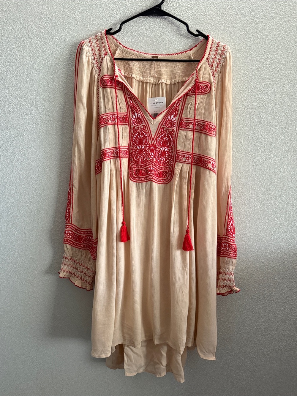Free People Dress Large Wind Willow Mini Cream Red Embroidered Y2K Boho Hippie - Picture 2 of 13